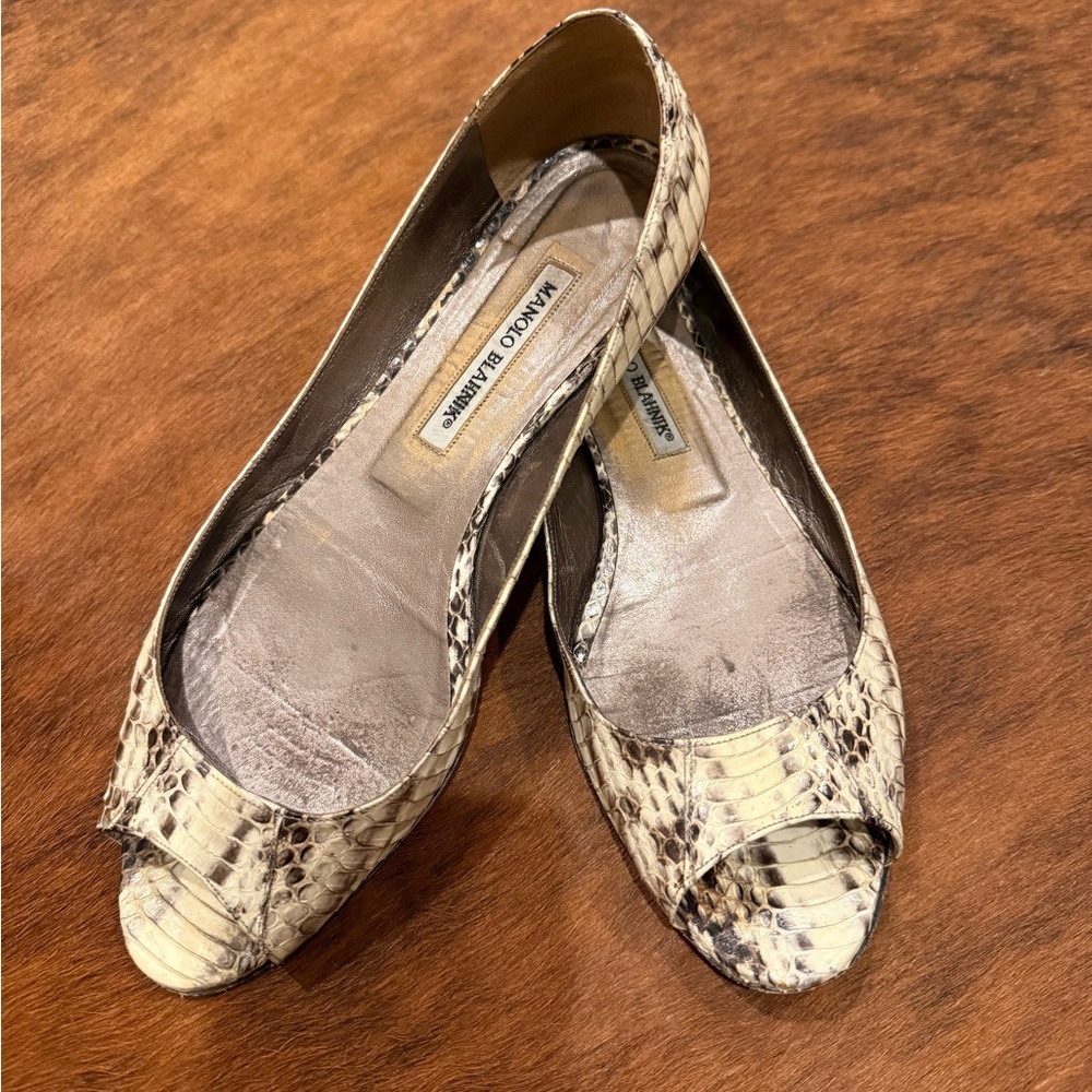 Manolo Blahnik Snakeskin Peep Toe Flats